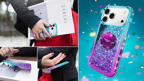 iPhone 17 Pro Case, Moving Liquid Holographic Sparkle Glitter Case with Kickstand