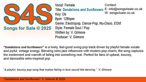 Dandelions and Sunflowers (Key Db) 128bpm (2025) S4S (Songs 4 Sale) for Female Vocal