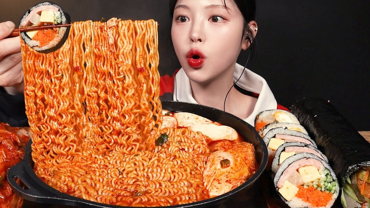 Spicy Soft Tofu Ramyeon With Egg Shrimp Gimbap Mukbang ASMR