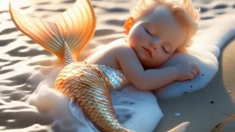 A tiny Baby Mermaid sleeping peacefully on a sandy beach