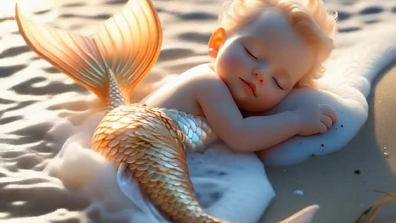 A tiny Baby Mermaid sleeping peacefully on a sandy beach