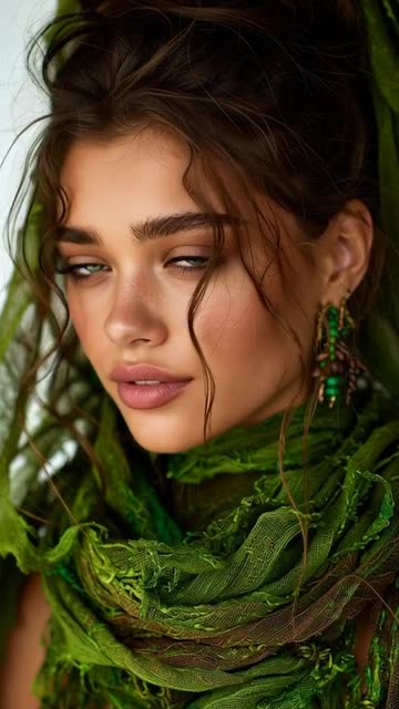 beautiful 23 year old model with green eyes and brown and green outfit