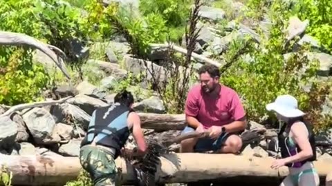Family saving a bird from the water
