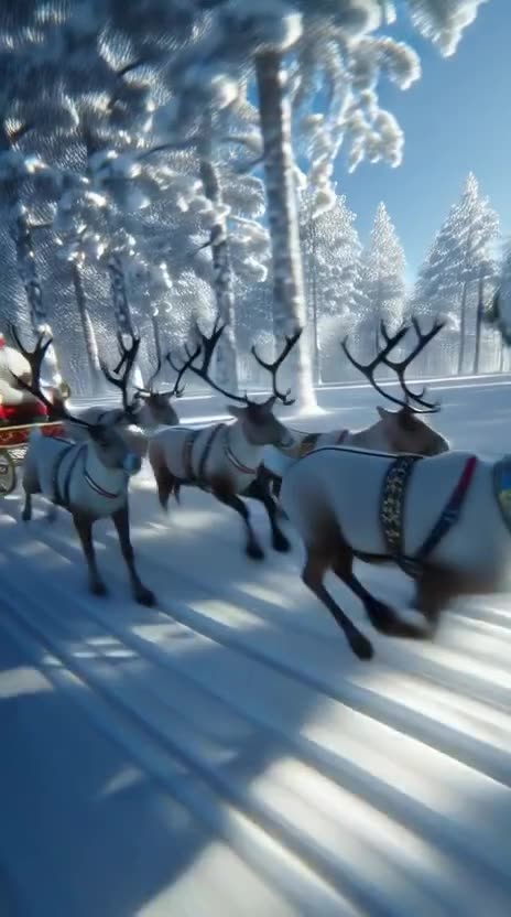 A dynamic winter scene of Santa in an ornate sleigh pulled by reindeer moving at high speed
