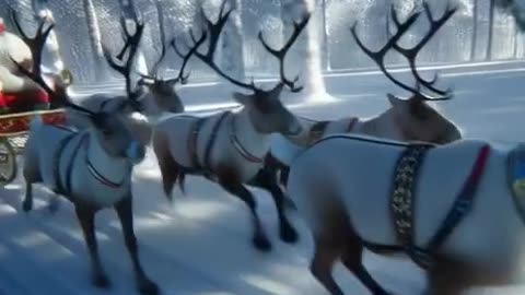 A dynamic winter scene of Santa in an ornate sleigh pulled by reindeer moving at high speed