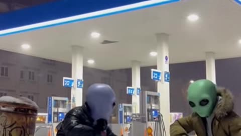 Aliens at the gas station in the snow 😂