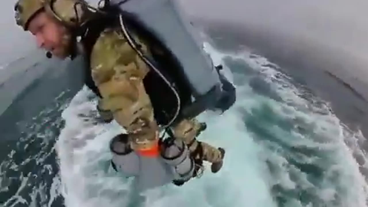 Marines perform boarding exercises with JETPACKS and landing on a high-speed ship.