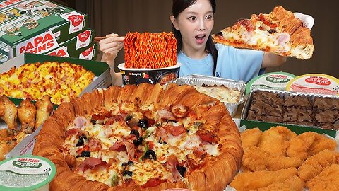 ASMR Papa John’s Pastry Crust Pizza 🍕 Cheese Oven Cream Pasta & Fudgy Brownie | Eating Sounds