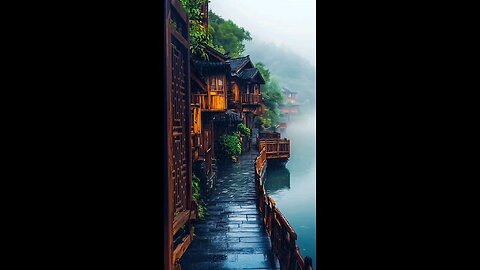 rainy day ambiance in small village near yo lake and mountain scenery arround