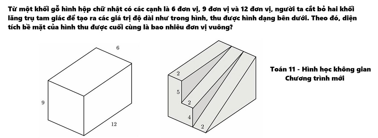 Toán 11: Từ một khối gỗ hình hộp chữ nhật có các cạnh là 6 đơn vị, 9 đơn vị và 12 đơn vị, người ta