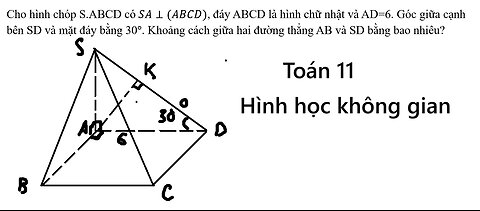 Cho hình chóp S.ABCD có SA⊥(ABCD), đáy ABCD là hình chữ nhật và AD=6. Góc giữa