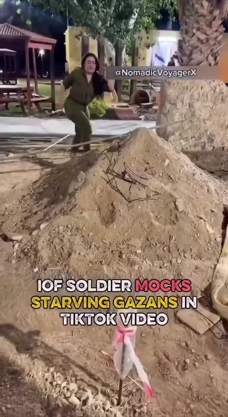 “An IOF (Jew) soldier shared a video on TikTok while making fun of the suffering of starved Palestinians in Gaza.”