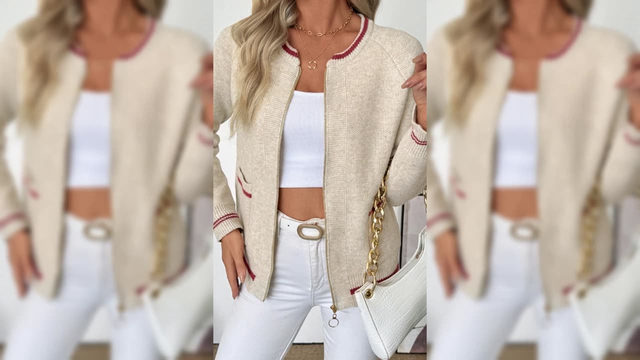 Zip-Up Contrast Trim Cardigan