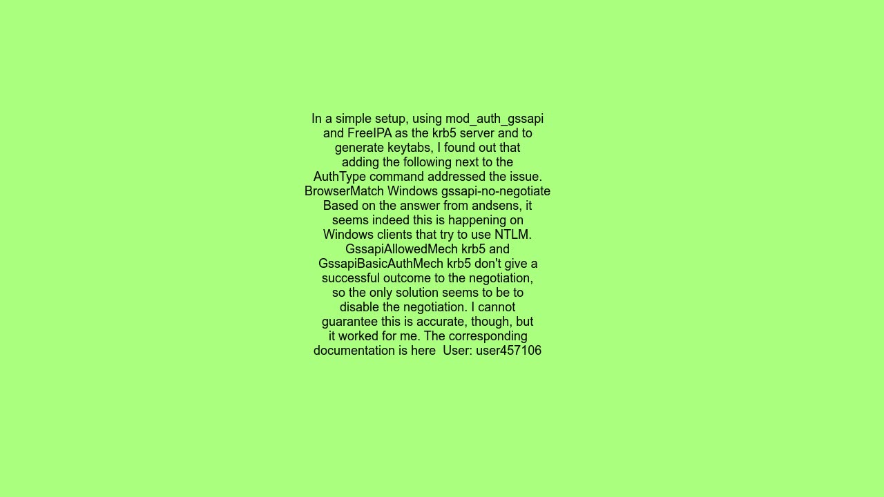 Apache2, Kerberos gss_accept_sec_context() failed An unsupported mechanism was requested