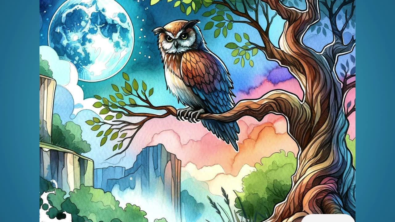 Whimsical Owl Perched on Tree Branch Overlooking a Fantasy Moonlit Landscape