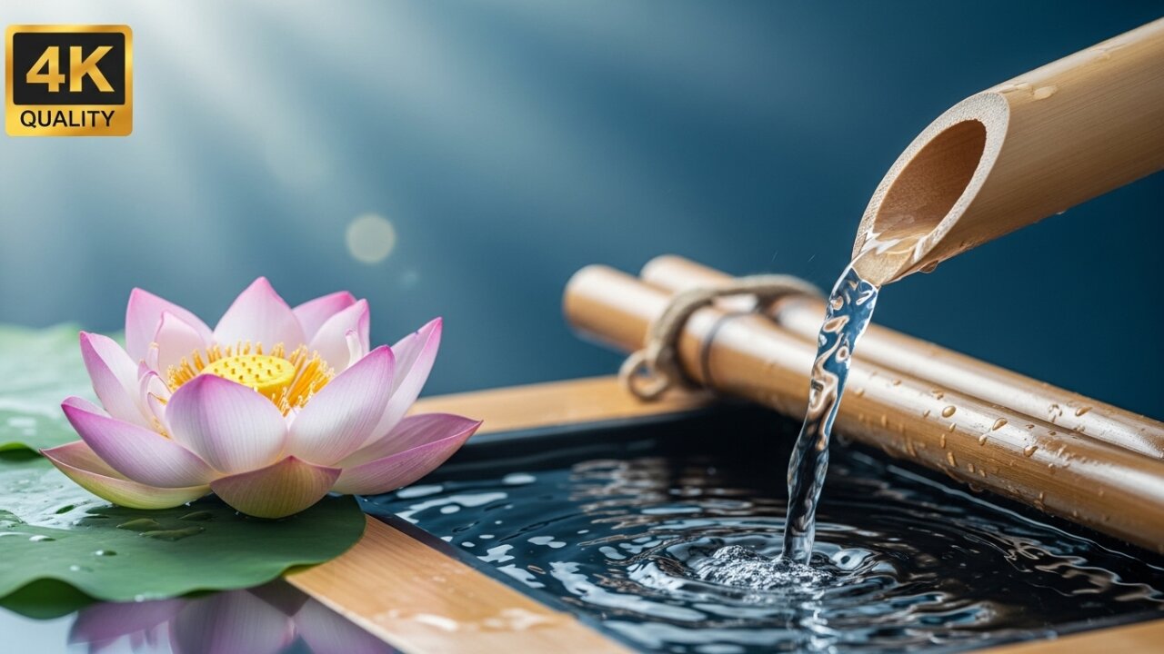4K Bamboo Water Fountain & Lotus: 2 Hours of Soothing Music for Deep Sleep & Stress Relief 🎋⛲️🪷 🎶 😴