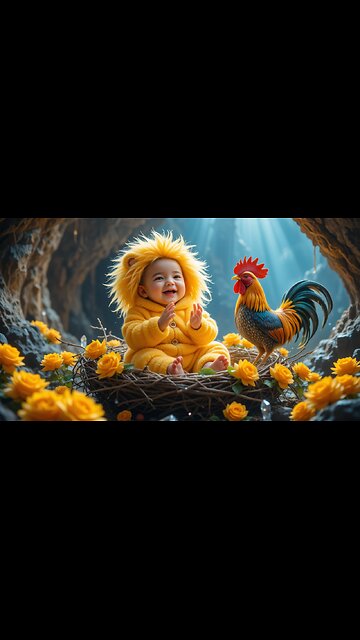 Adorable Baby in Lion Suit with a Playful Rooster! 🦁🐔✨