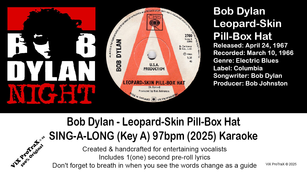 Bob Dylan - Leopard-Skin Pill-Box Hat SING-A-LONG (Key A) 97bpm (2025) Karaoke