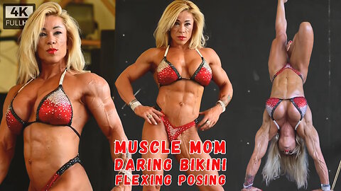 Lingerie Girls Muscle Mom ¦ Flexing Posing Handstand in Red Bikini Preview 4K HD