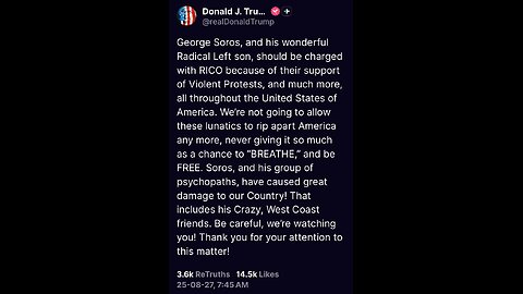 Pres Trump hits liberal democrat cult george soros RICO charges funding antifa blm violent terrorism