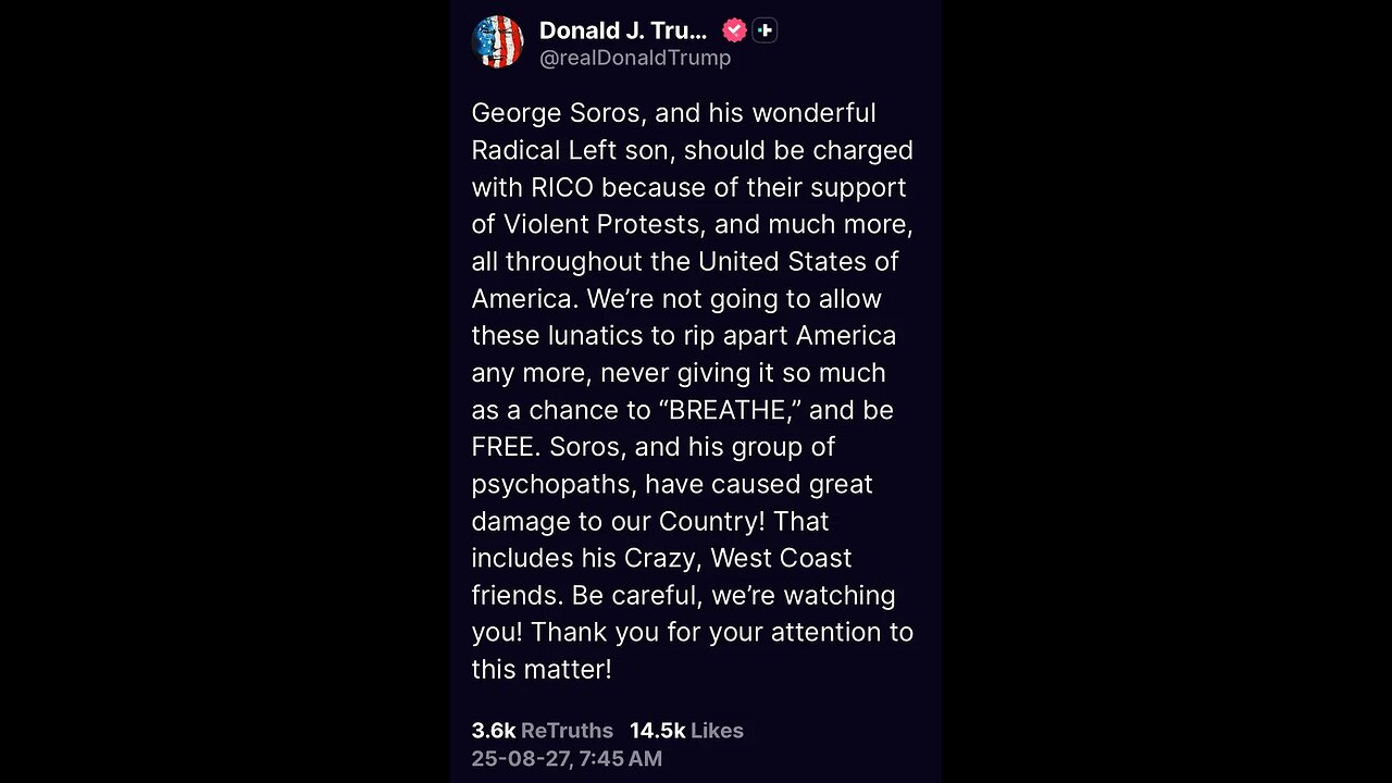 Pres Trump hits liberal democrat cult george soros RICO charges funding antifa blm violent terrorism