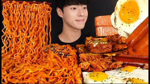 Fried egg turkey noodles + fried chicken + whole luncheon meat