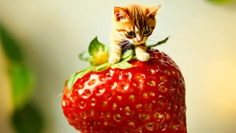 Close-up of a mini cat on a big Strawberry! #cute #cutecat #cuteanima...