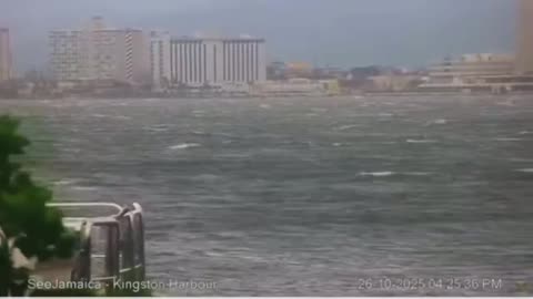 Video from Kingston Harbour, Jamaica, shows powerful winds and waves as Hurricane Melissa