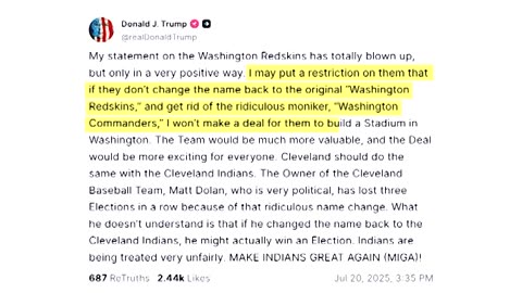 Trump demands Washington Commanders return to original name