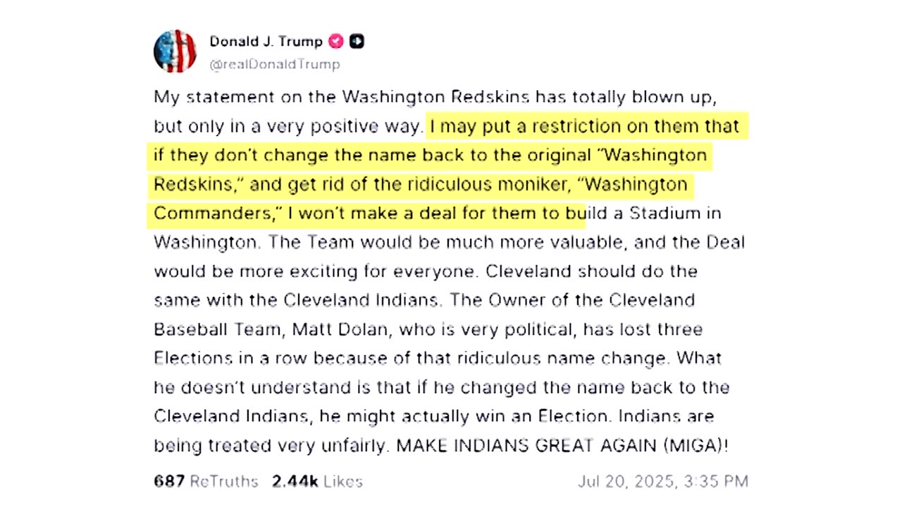 Trump demands Washington Commanders return to original name