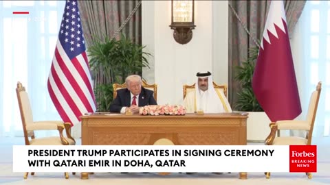 President Trump & Qatari Emir Signing Ceremony For Boeing Deal, Defense Agreements, May 14, 2025
