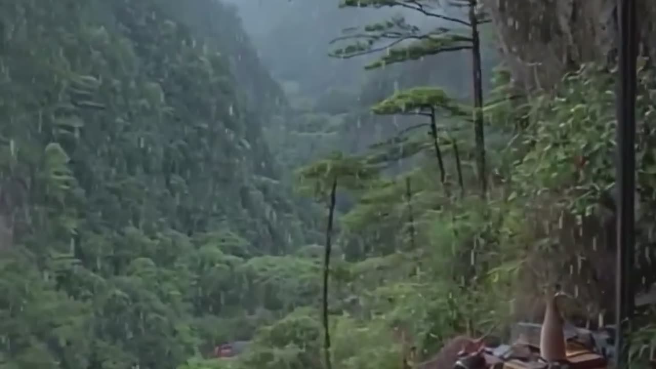 Rustic Mountain Lounge, raining.