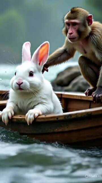 ### 🐰🐵 **Storm of Friendship: A Rabbit and Monkey’s Brave Escape**#AnimalAdventurex#ai# rabbit
