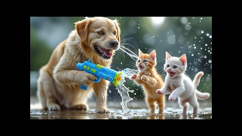 Ginger Papa Dog Hosts a Water Festival for Orphaned Kittens on Children's Day 🎉🐶💦🐱 #aidog​ #dog​