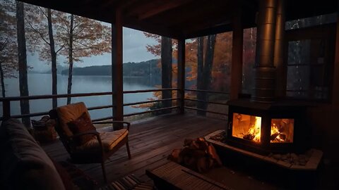 Cabin Ambience with Fireplace Crackles | Peaceful Lakeside Retreat on Rainy Day