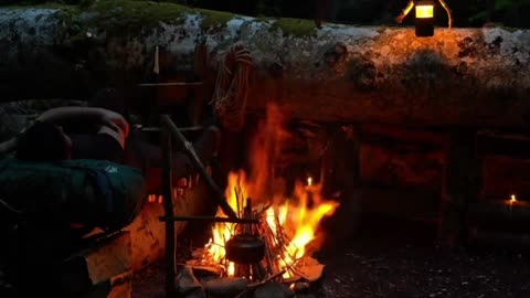 Man made shelter in wild forest to survive in Night