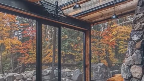 Glass Cabin Lounge with Stone Fireplace