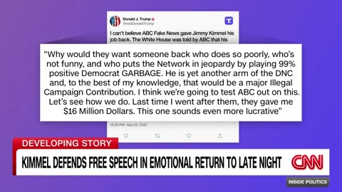Jimmy Kimmel defends free speech in emotional return