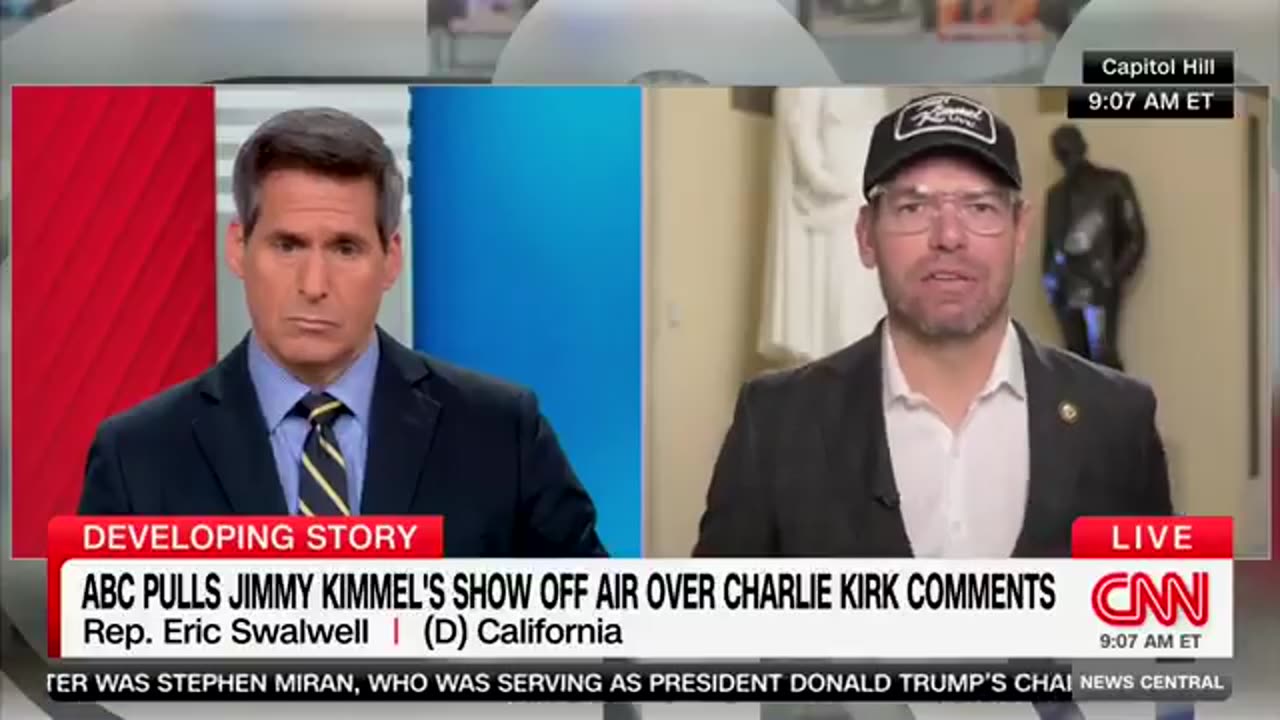 Eric Swalwell just appeared on CNN wearing a Jimmy Kimmel hat and said Jimmy “has a right”