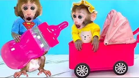 Monkey Baby Bon Bon pretend best brother Take Care of Cute Duck by Biggest Milk Bottle