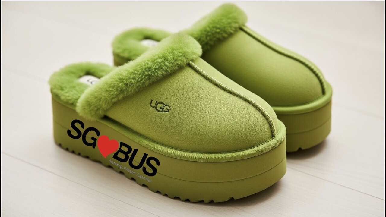 Lime Green Platform Ugg Slipper With a SG ❤️ Bus Logo in 3D View