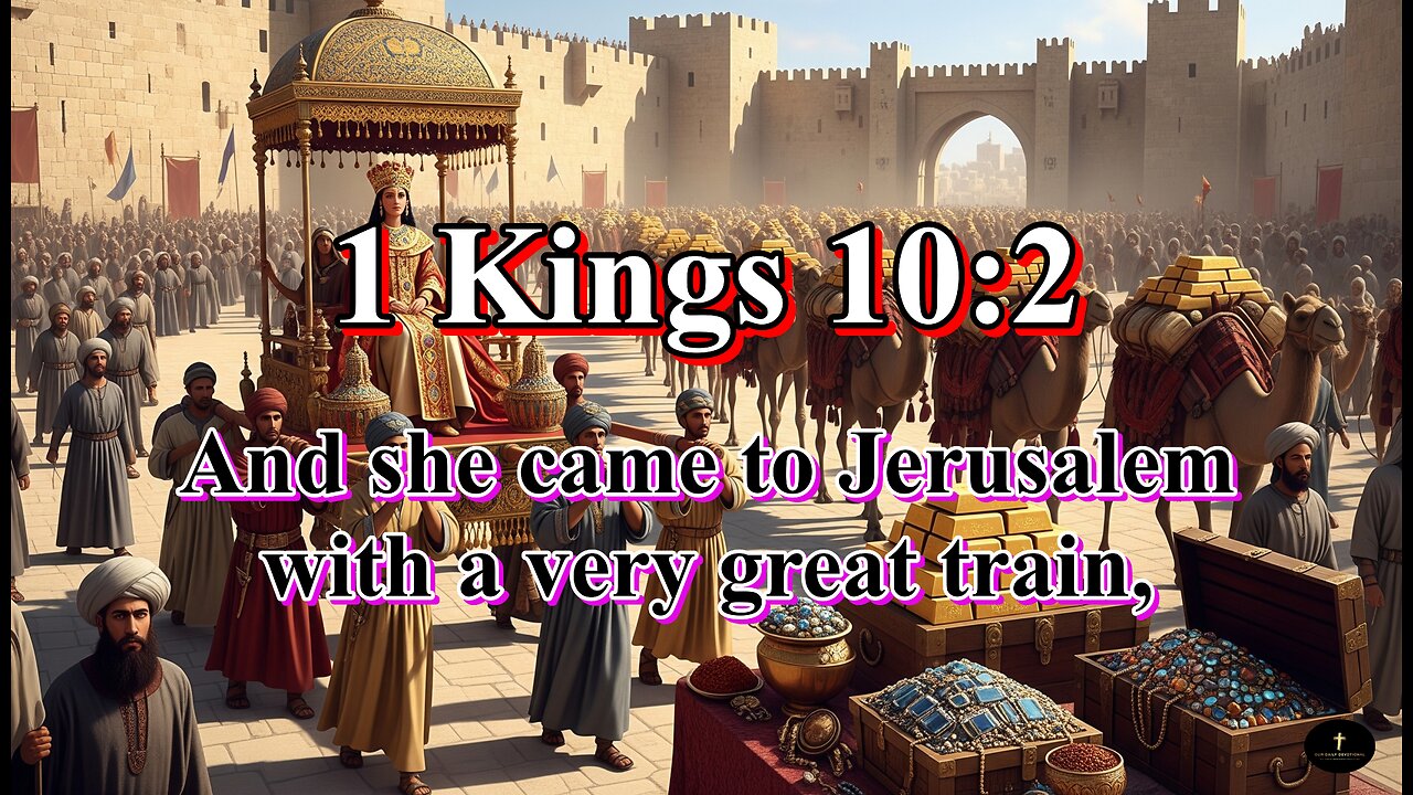 1 Kings 10:2, with camels that bare spices, and very much gold, and precious stones: