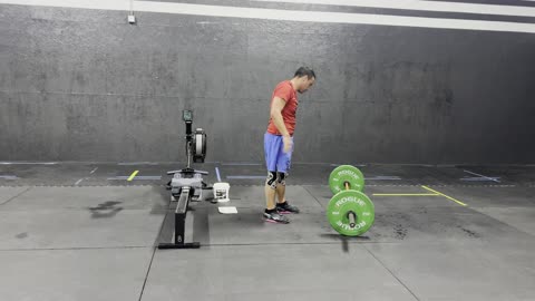 AMRAP20 2,4,6,8,etc Power Snatch 95lbs, Burpees Over Bar, 18 Cal Row