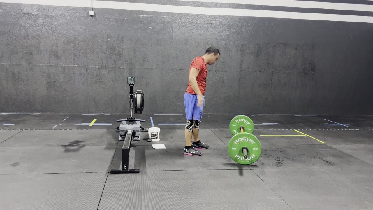 AMRAP20 2,4,6,8,etc Power Snatch 95lbs, Burpees Over Bar, 18 Cal Row