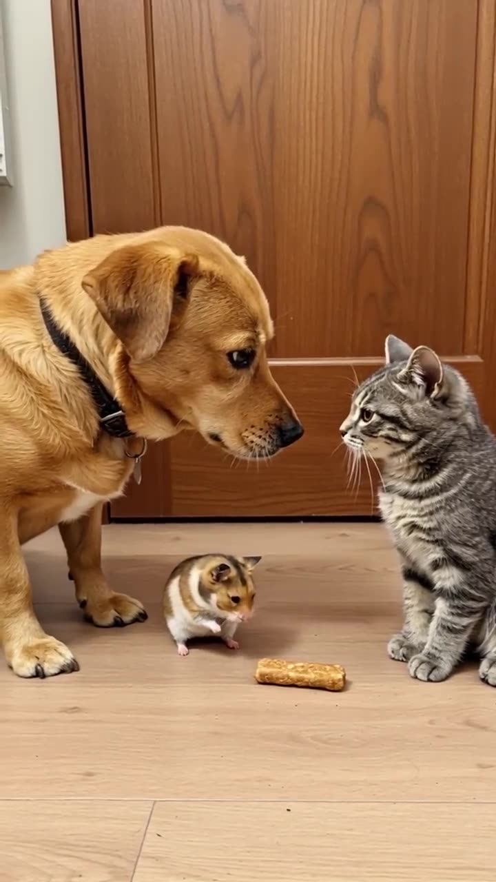 A dog, a cat, and a hamster who gets the last treat?