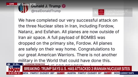 BREAKING: US bombs 3 Iran nuclear sites, Trump says