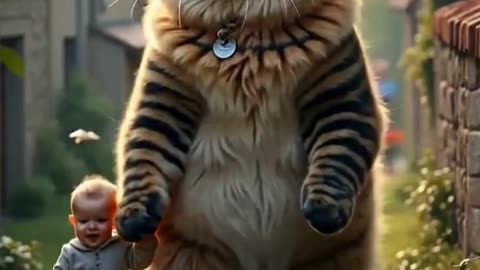 Adorable Baby and Giant Cat Take a Magical Stroll Through a Quiet Village #cat
