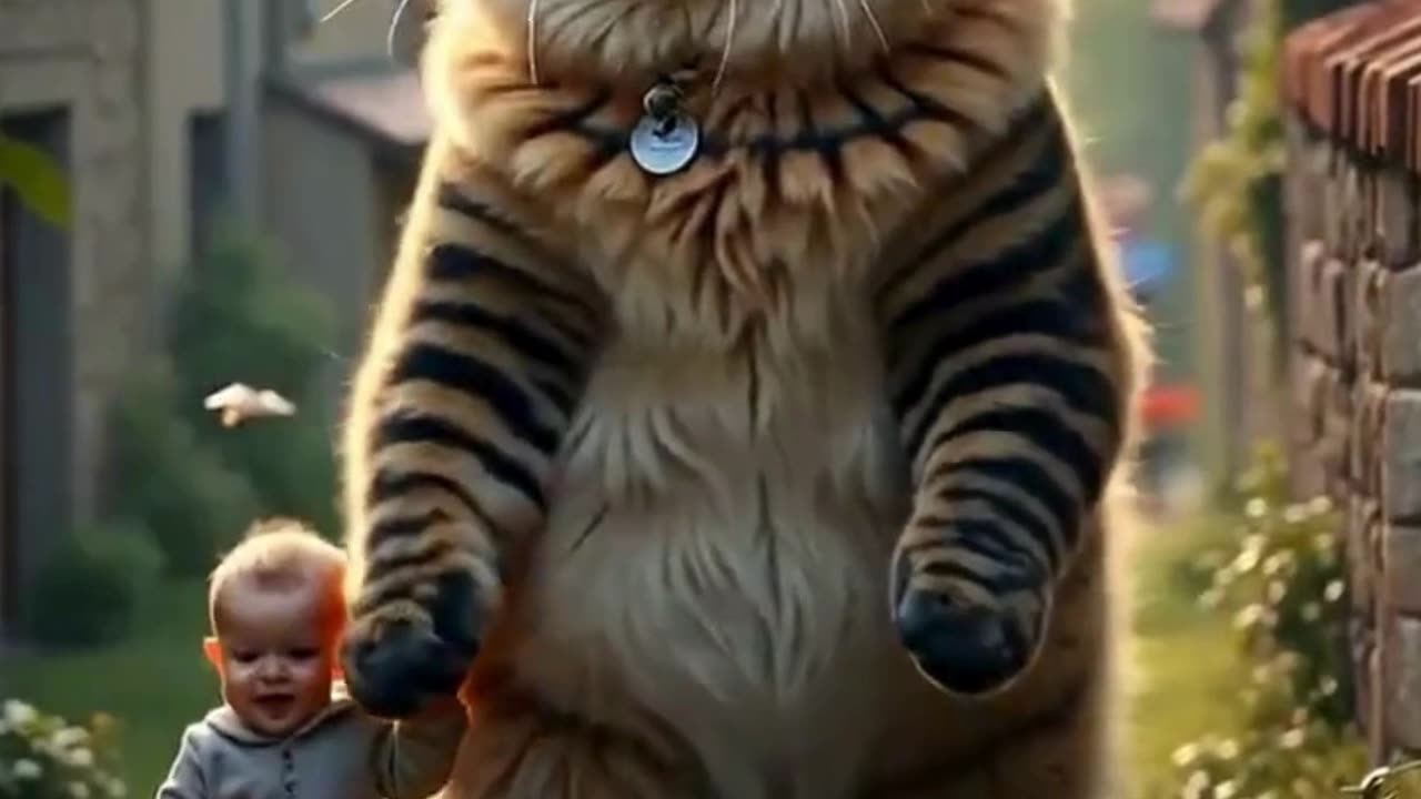 Adorable Baby and Giant Cat Take a Magical Stroll Through a Quiet Village #cat
