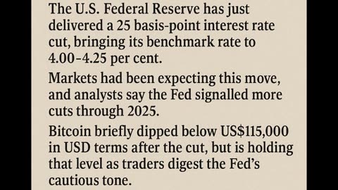 60 Second Crypto News – Powered by OrangeBrickRoad.com.au 🏦 Fed cuts rates by 25bps