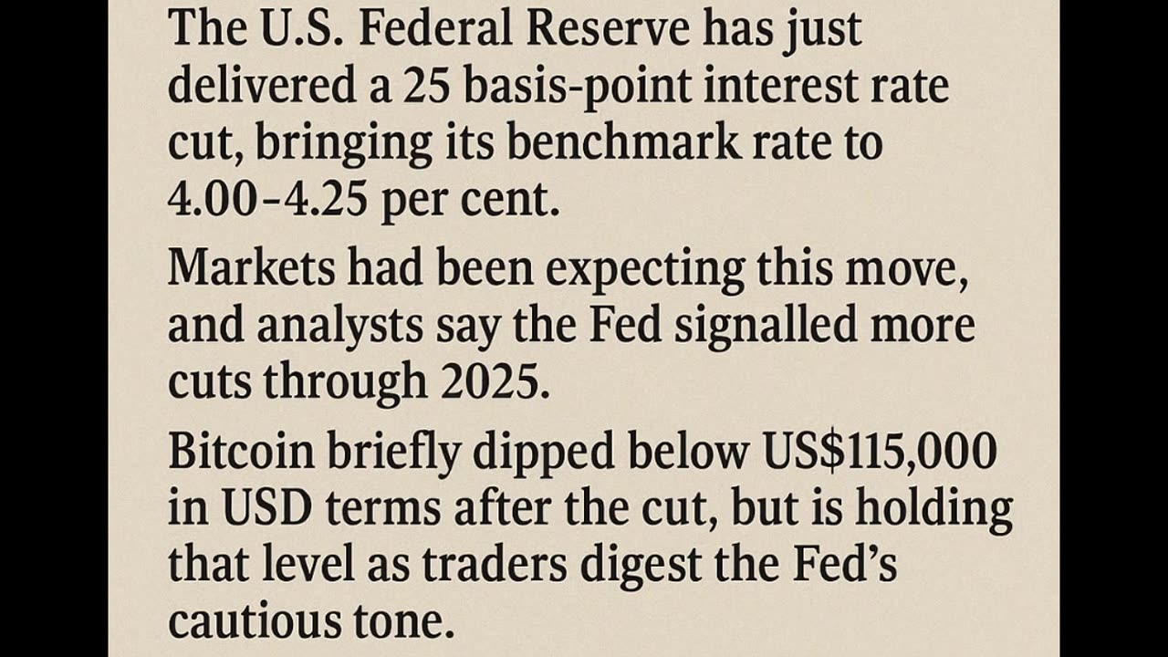 60 Second Crypto News – Powered by OrangeBrickRoad.com.au 🏦 Fed cuts rates by 25bps